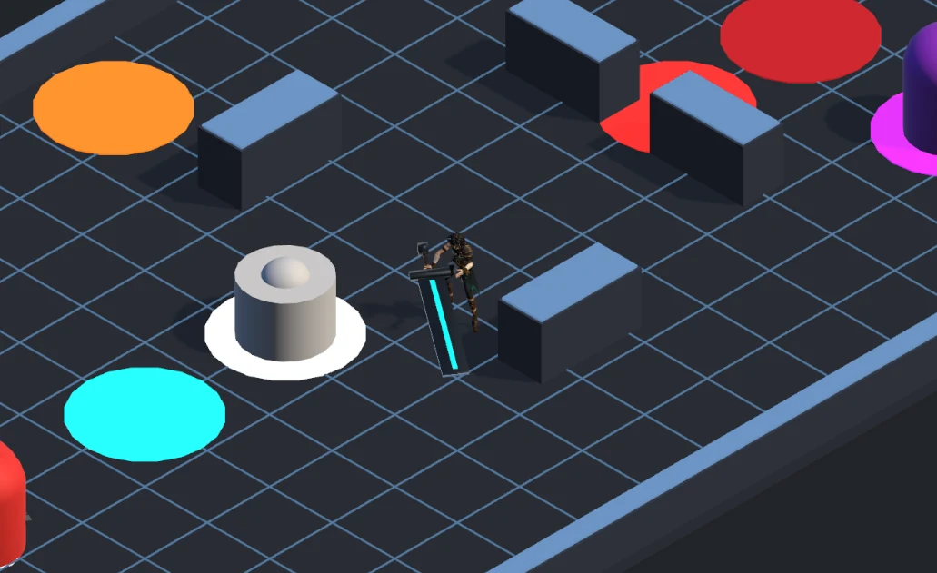 Early development build of an unannounced isometric game showing a sword-wielding character among platforms, colored markers, and a visible layout grid.