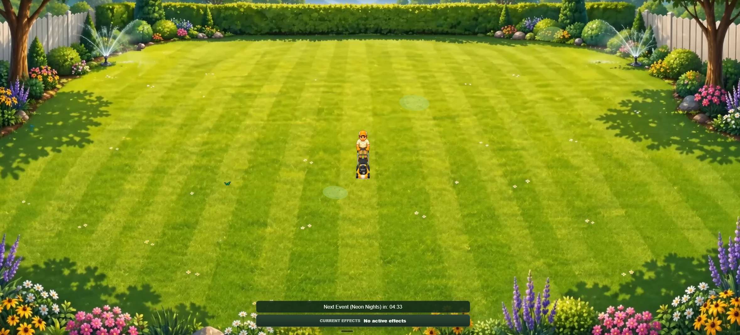 Gameplay view from Lawn Care Clicker Deluxe showing a mower operator on a bright landscaped lawn with sprinklers, flowers, and event information.