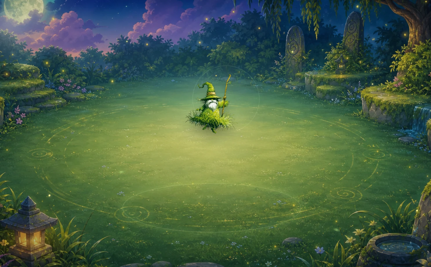 Lawn Care Clicker Deluxe scene featuring a small grass-covered wizard in a moonlit garden with fireflies, stone markers, and lanterns.