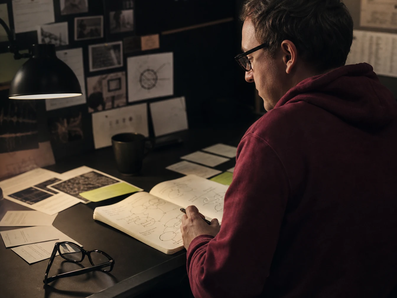 Stylized concept image of a designer sketching brand ideas at a desk surrounded by notes and reference materials.