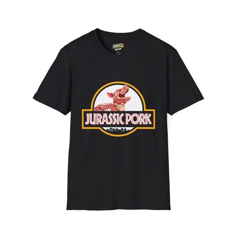 Black Punish'd T-shirt featuring a skeletal pig inside a circular Jurassic Pork design.